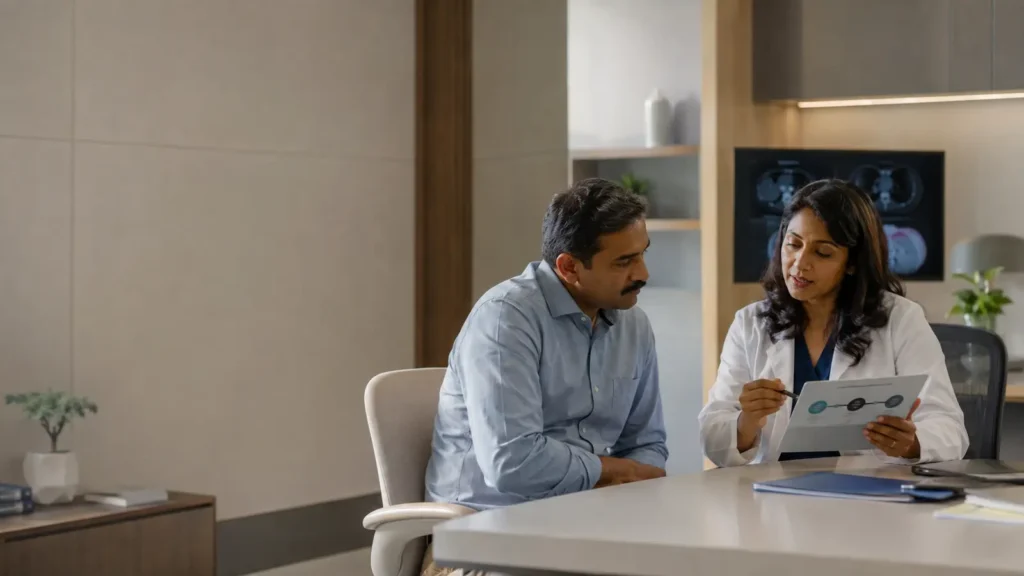 Patient discussing a cancer treatment plan with an oncologist during a consultation